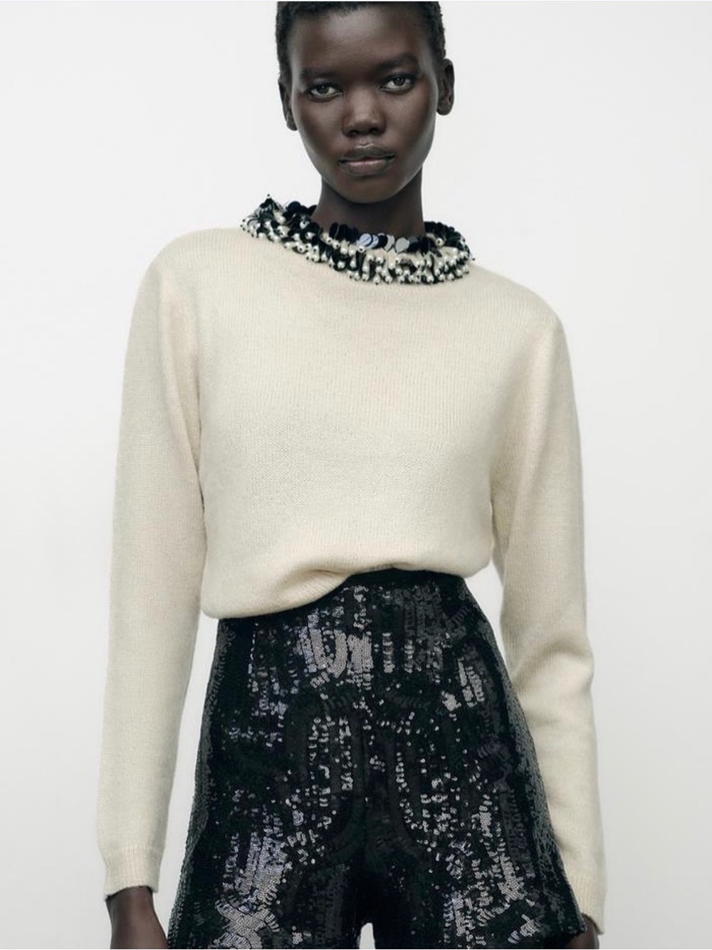 Zara Cream Beaded Embellished Crewneck Knit Sweater Size Small